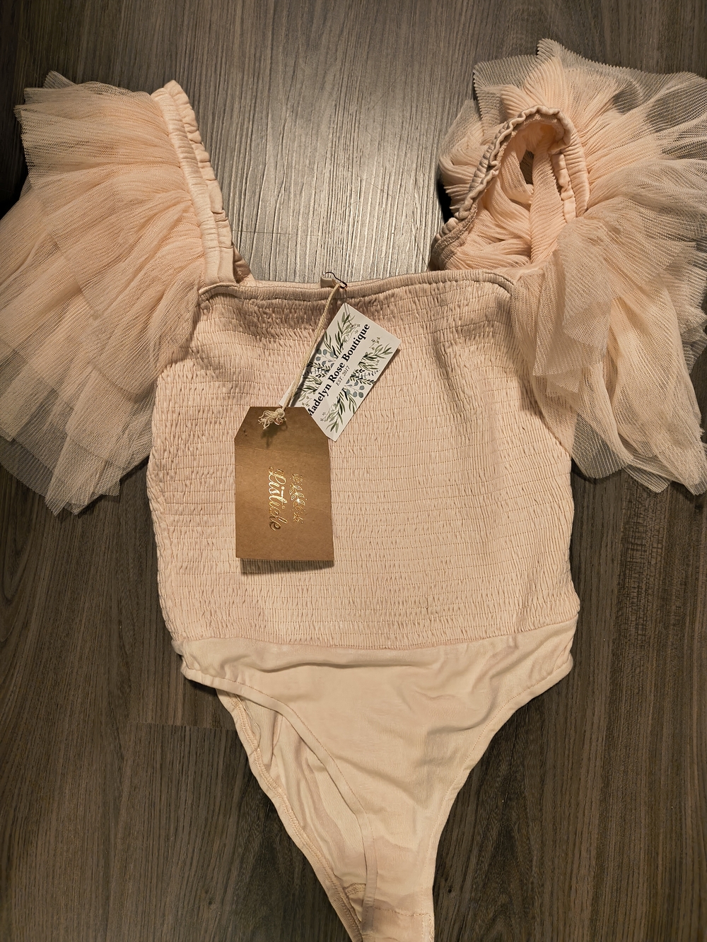 Lovers + Friends Blush Peach Tulle Puff-Sleeve Bodysuit